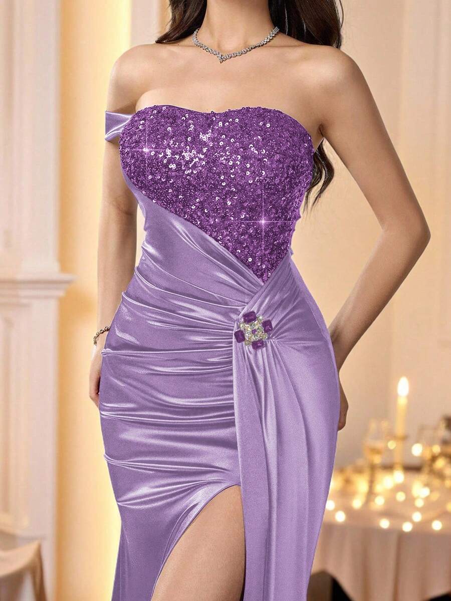 Coutiva Women's Solid Color Patchwork Sequin One Shoulder Ruched Side Slit Hem Elegant Formal Evening Gown - Mauve Purple - View 1