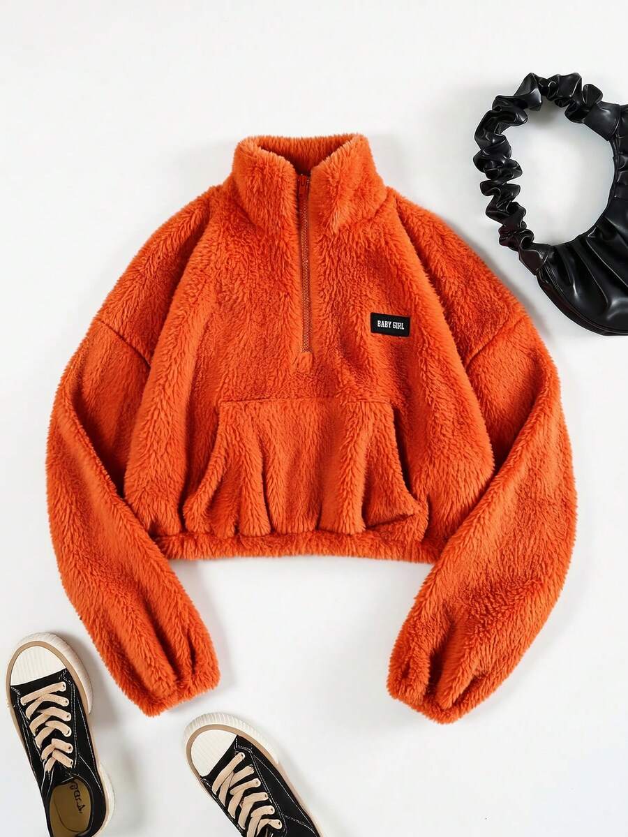 SHEIN EZwear 女款半拉鍊白色刷毛字母貼布設計運動衫,適合秋冬穿搭 - 橘色 - 查看 1