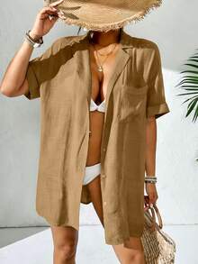 SHEIN Swim 女款純色翻領短袖寬鬆和服式罩衫 - 棕色 - 查看 1