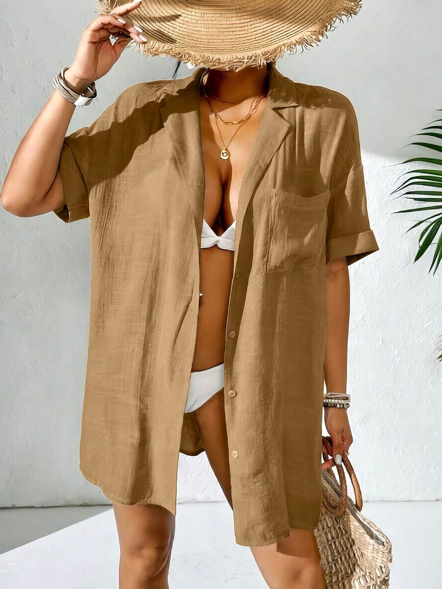 SHEIN Swim 女款純色翻領短袖寬鬆和服式罩衫 - 棕色 - 查看 1