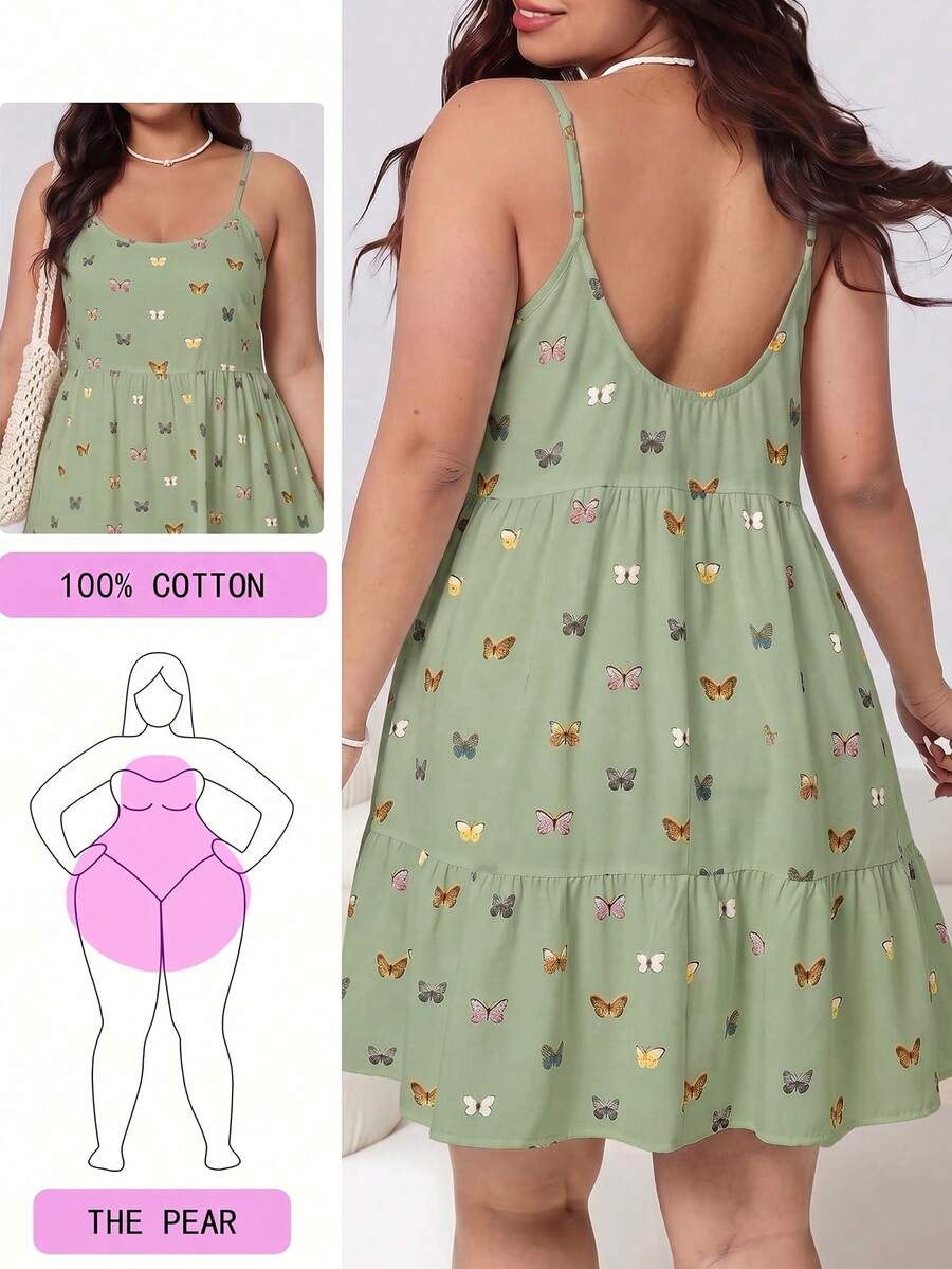 SHEIN EZwear 蝴蝶印花休閒大尺碼女款洋裝 - 橄欖綠 - 查看 1