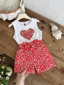 SHEIN Vintaside Kids 年轻女孩碎花连体裤，休闲假日风格 - 酒紅色 - 查看 1