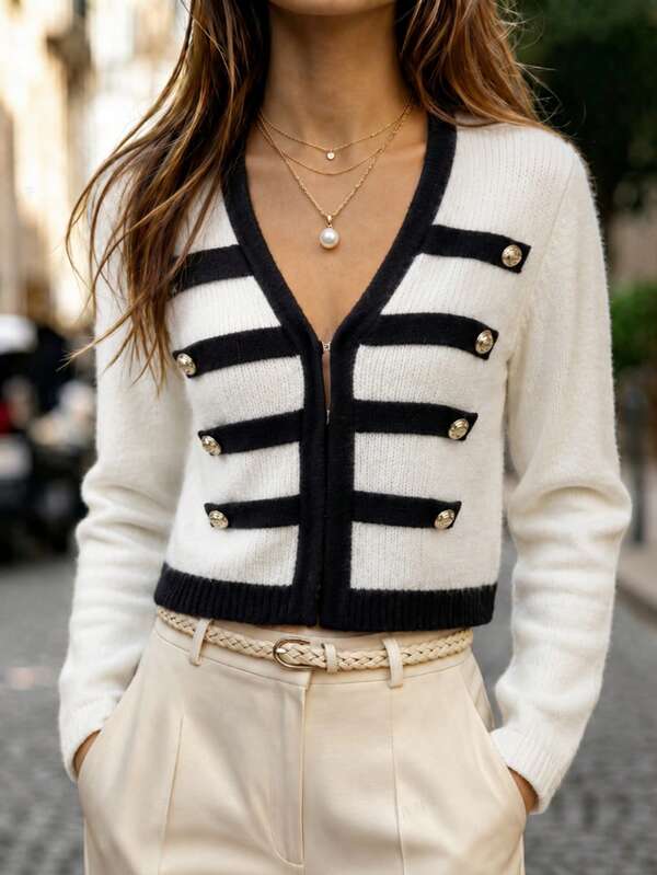 SHEIN New Spring Fall Napoleonic Military Contrast Knit Cardigan Women Deep V Neck Double Row Ornate Button