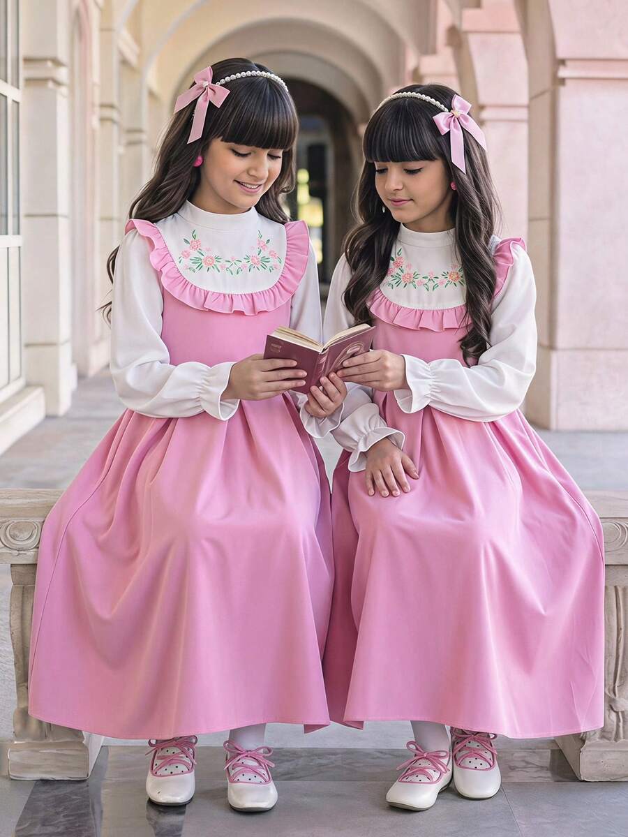 SHEIN 少女花卉圖案拼接荷葉領長袖洋裝,校服/教堂禮拜裙,返校季 - 粉色 - 查看 1