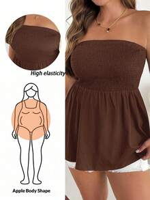 Shapeblank Plus Size Women's Solid Color Ruched Casual Versatile Daily Wear Tube Top - Coffee Brown - View 8