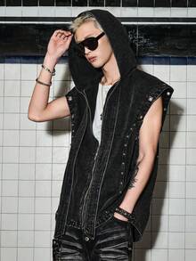 ROMWE MEN Grunge Punk Men's Batwing Sleeve Eyelet Zipper Placket Hooded Denim Vest - Black - View 4