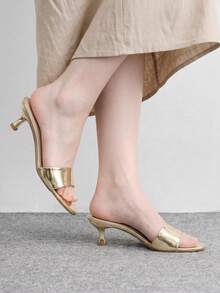 CUCCOO BIZCHIC Summer New Round Toe Mid-Heel Gold One-Piece Women's High-Heeled Sandals Slippers Daily Versatile Simple Commute All-Match Toe Dew Women's Sandals - Iron plate light gold - View 3