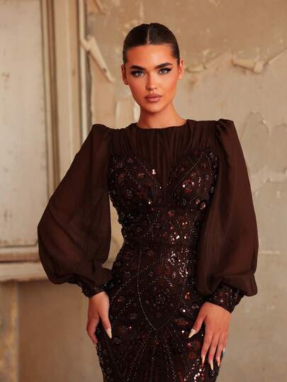 Aureia Elegant Coffee Sequin Embroidery Chiffon Round Neck Puff Sleeve Women's Sexy Bodycon Prom Wedding Mermaid Maxi Train Formal Evening Gown Heavy-Duty