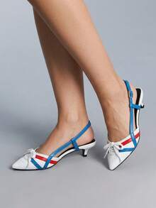 CUCCOO GRLICON Women's High Heel Pumps, Kitten Heel, Racing Sport Style, Y2K, Color Block Stripes, Summer - White and blue color matching - View 7