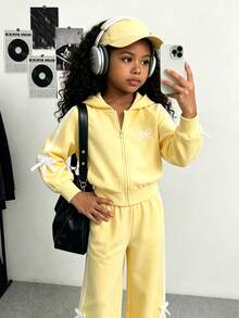 SHEIN Genkimix Kids Long Sleeve Little Girls 2‑Piece Casual Tracksuit, Fall Tops - Yellow - View 5