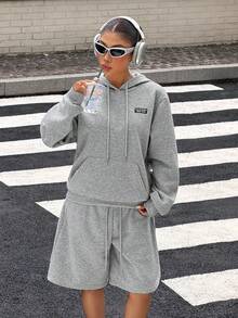 Muchica Women's Fashion Casual Athleisure Sporty Streetwear Hoodie Drawstring Waist Shorts 2 Pieces Set Back-To-School Light Grey Summer Work Gym - Grey - View 4