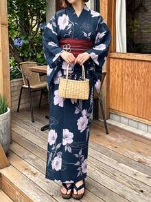 Irokai 日式傳統夏季女款兩件式浴衣和服，花卉印花（不含腰帶） - 紫色 - 查看 1