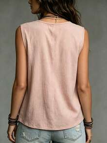 SHEIN 女款純色V領百褶休閒百搭日常穿著上衣 - 粉色 - 查看 3