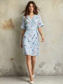 Franclia Women's Light Blue Floral Summer Tea Party Date Night Dress French Vintage V-Neck Wrap Short-Sleeve Waist Tie Fit Embroidered Dresses - Blue - View 1
