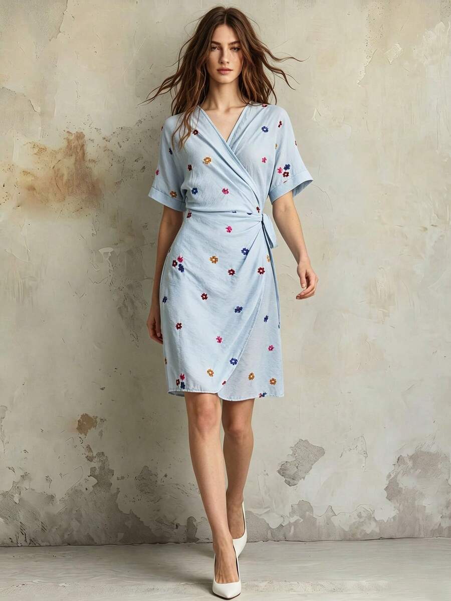 Franclia Women's Light Blue Floral Summer Tea Party Date Night Dress French Vintage V-Neck Wrap Short-Sleeve Waist Tie Fit Embroidered Dresses - Blue - View 1