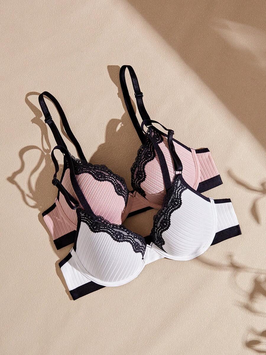 Lullawish 2pcs Lace Eyelash Underwire Push-Up Bra For Small Chest - Multicolor - View 1