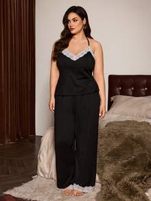 Slumberist Plus Size V-Neck Backless Lace Trim Black & White Contrast Color Pajama Set With Long Pants - Black - View 6