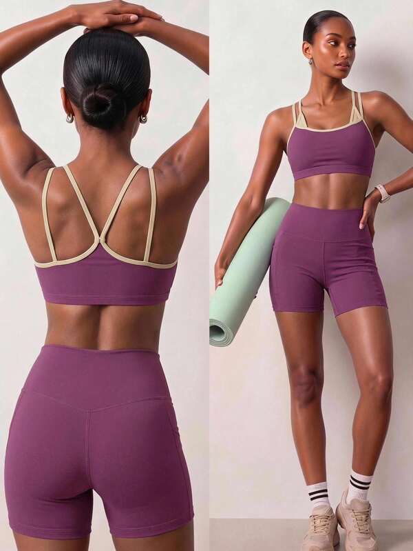 Zivah Women's Ultra Short Camisole And Shorts Gym Workout Fitness Pilates Yoga Set Plum Purple All Season