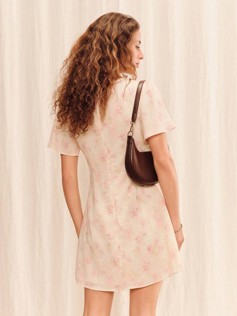Vestido Mini com Decote em V Floral Vintage Rosa Claro, Vestido Casual de Estilo Francês para Férias de Verão