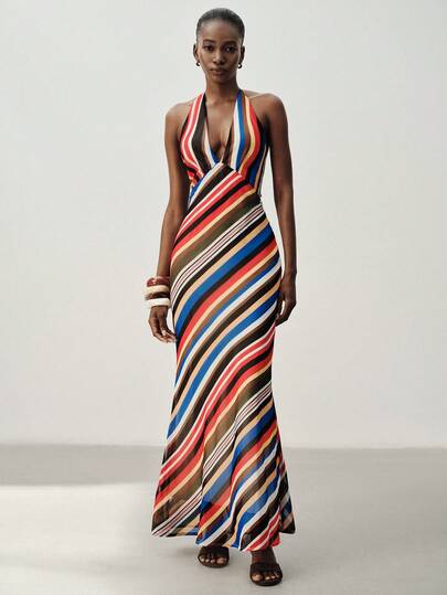 Aveloria Modichic Elegant Sexy Lightweight Backless Halter Tie Chiffon Rainbow Striped Print Waist-Cinching Bodycon Long Dress For Women