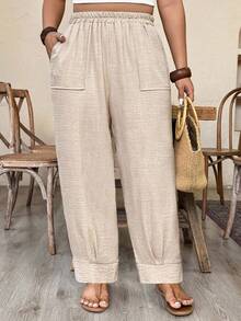 Breezaya Pantalones informales de aspecto de lino de unicolor para tallas grandes - Caqui - Ver 4