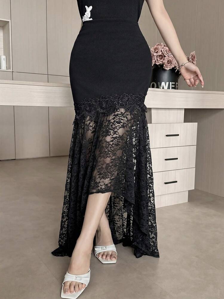 Feyla Women's Elegant Solid Color Lace Patchwork Skirt - Black - View 1