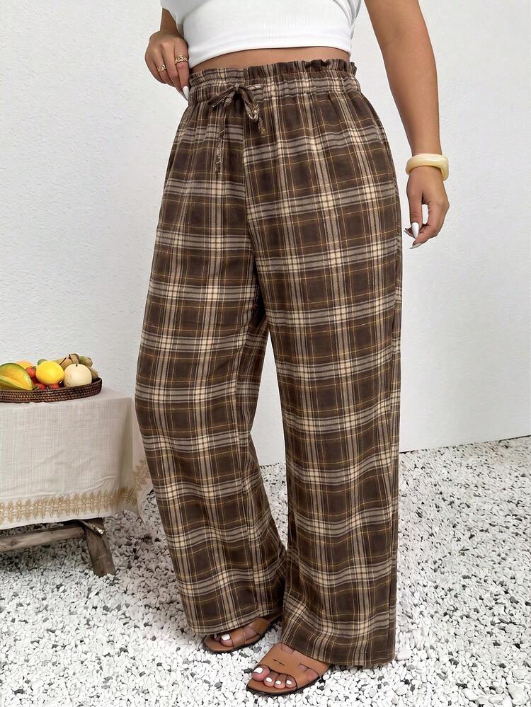 Lounesse Women's Plus Size Casual 1950s Vintage 70's 80s 90s Fashion Vacation Plaid Long Pants Bussines Party Vacation White Winter - Brown - View 5