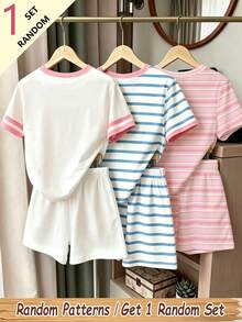 (Random Pattern, 1 Set Random) Girls' Fashion Colorful Striped Floral Strawberry Bow Print Basic Short T-Shirt And Shorts Set, Summer Daily Wear - Multicolor - View 2