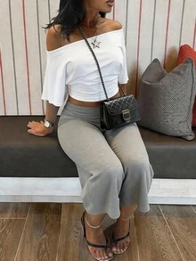 BamGleam Hot Girl Style White Asymmetrical Shoulder Short T-Shirt + White Wide Leg Capri Pants Set, Casual Style Two Pieces Set Lounge Summer - Multicolor - View 5