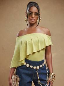 NYA SZN Body asimétrico con volantes de moda brillante - Amarillo - Ver 3
