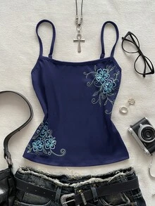 Attitoon 女款花卉印花休閒百搭細肩帶背心 - 藏蓝色 - 查看 7