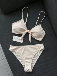 Swim Mod 女款純色羅紋比基尼套裝，兩件式泳衣，雙肩帶設計，胸前蝴蝶結裝飾，高腰，休閒海灘度假泳裝 - 米色 - View 2