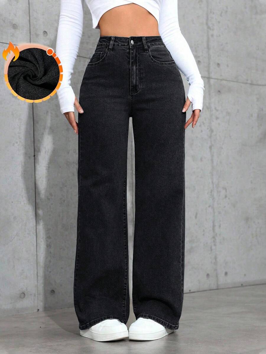 SHEIN ICON 休閒水洗直筒牛仔褲 - 黑色 - 查看 1