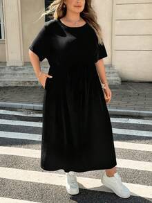 SHEIN CURVE+ 大尺碼純色圓領短袖腰部綁帶口袋休閒洋裝，2026秋冬 22W - 黑色 - 查看 4