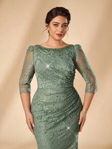 Serin Plus Size Elegant Classy Beaded Rhinestone Patchwork Elastic Lace Sheer Sleeve Ruched Mermaid Skirt Wedding Formal Party Evening Olive Green Fall - Green - View 5