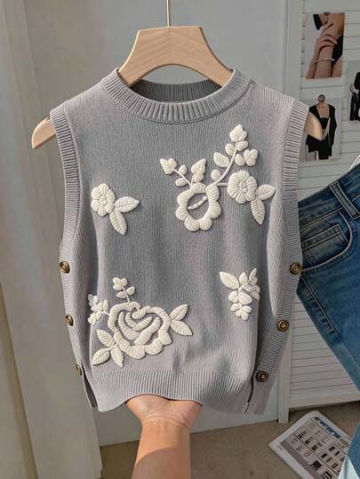 Travachic Chaleco de punto casual diario con cuello redondo y estampado floral 3D para mujer talla grande