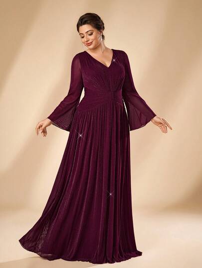 Serin Plus Size Elegant Purple-Red Elastic Silver Thread Shimmer Knit V-Neck Long Sleeve Ruched A-Line Maxi Dress With Flared Hem, Suitable For Ball, Vacation, Birthday Party, Formal Dinner, Wedding, Mother Of The Bride