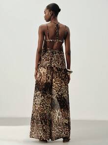 Femmeiva Women's Set Chiffon Textured Fabric Spaghetti Strap Wide Leg Style V-Neck Thin Design, All-Over Leopard Print, High Waist Pants Sexy Summer Beige - Multicolor - View 3