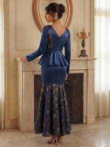 Savoree Summer Women's Fashionable Modern Elegant Shiny Patchwork Gold Thread Jacquard Palace Style Ruffle Navy Blue 2 Pieces Set - Navy Blue - View 2