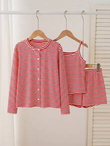 Set 3 potong Cardigan Bergaris Merah dan Celana Pendek Longgar untuk Anak Perempuan Besar Kembali ke Sekolah - Merah - View 6