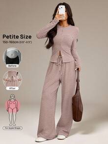 SHEIN PETITE 女款條紋長袖單排扣T恤與長褲休閒兩件套 - 粉色 - 查看 12