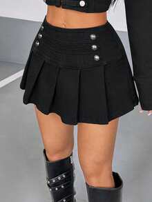 Rivivi Rok Mini Denim Lipit Kancing Ganda untuk Wanita - Hitam - View 4