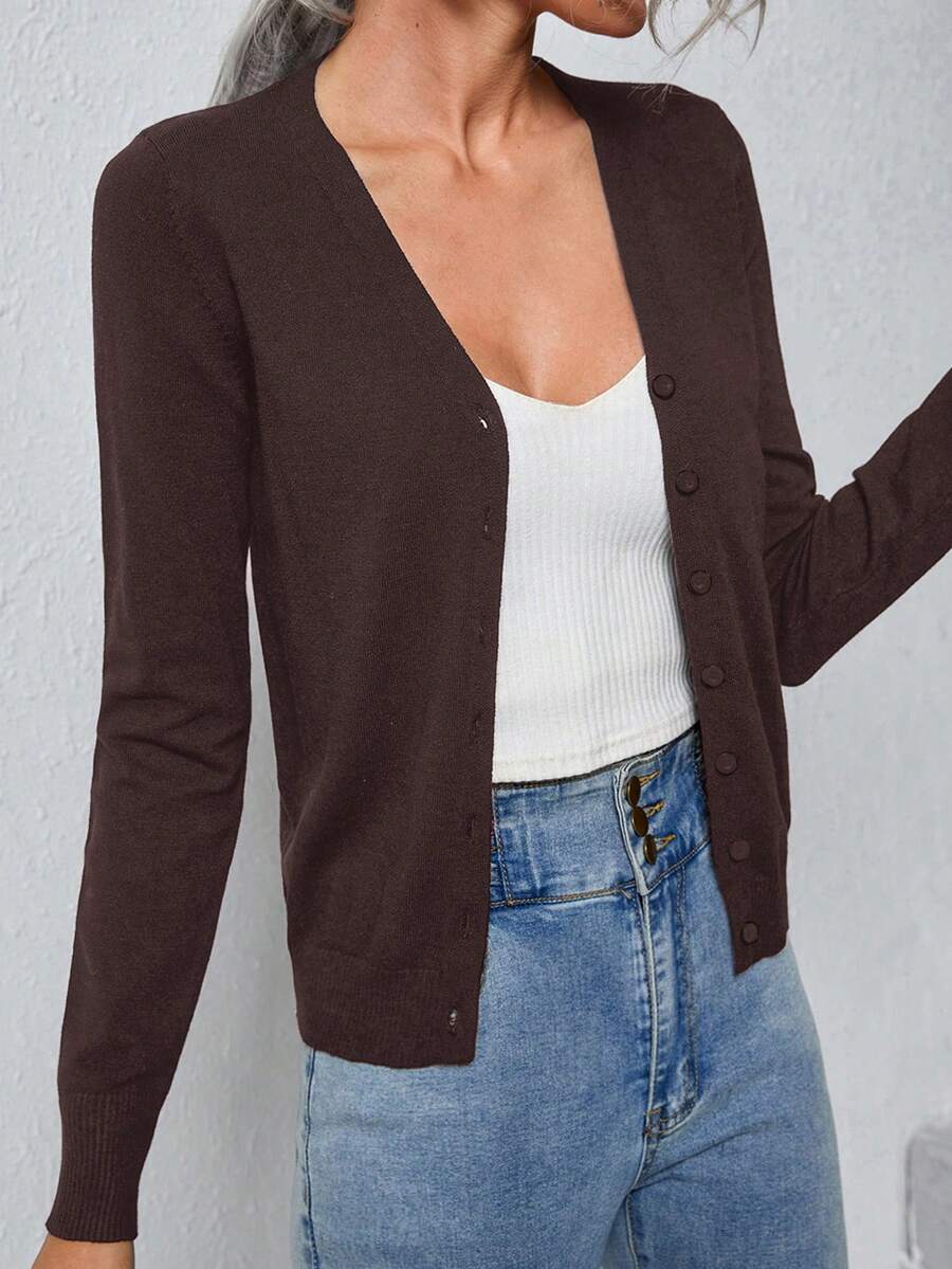 Easowa Solid Button Up Cardigan,Long Sleeve Tops,Tops For School In Fall/Winter - Brown - View 1
