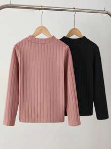 SHEIN Sparklyn 兩件舒適加厚抓絨內裡中高領長袖保暖內層衣，適用於前青春期女孩，隨機發貨 - 粉色 - 查看 2