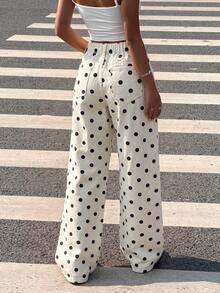 SHEIN Tween Girl Polka Dot Kids Print Asymmetrical Waist Loose Fit Denim Jeans - Multicolor - View 2