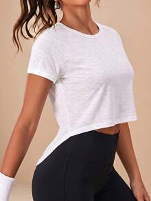 Slayform Solid Color Back Slit Short Sleeve Sports T-Shirt - White - View 4