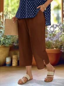 EMERY ROSE Pantalones largos casuales versátiles de unicolor para vacaciones en talla grande - Marrón Mocha - Ver 4