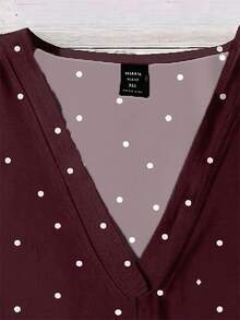 SHEIN LUNE Plus Size Casual Minimalist Polka Dot Print V-Neck Shirt, Suitable For Summer Fall - Burgundy - View 3