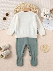 SHEIN طقم ملابس لمولودة جديدة، كارديجان محبوك بنقشة الغزال، أوفرول، جمبسوت سويتر، خريف/شتاء - أبيض - مشاهدة 3