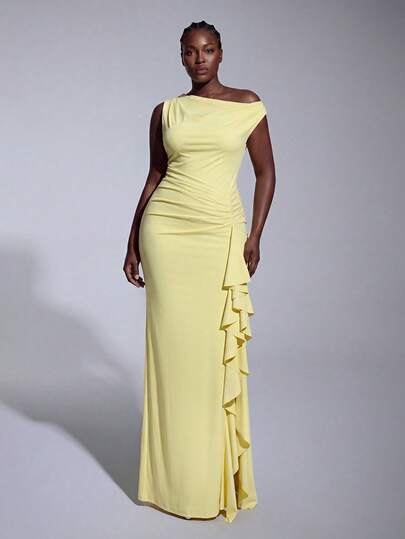 Elitara Plus Size Elegant Minimalist Pale Yellow Elastic Knit Asymmetric Pleated Drop Shoulder Ruffle Hem Slit Slimming Bodycon Straight Long Dress For